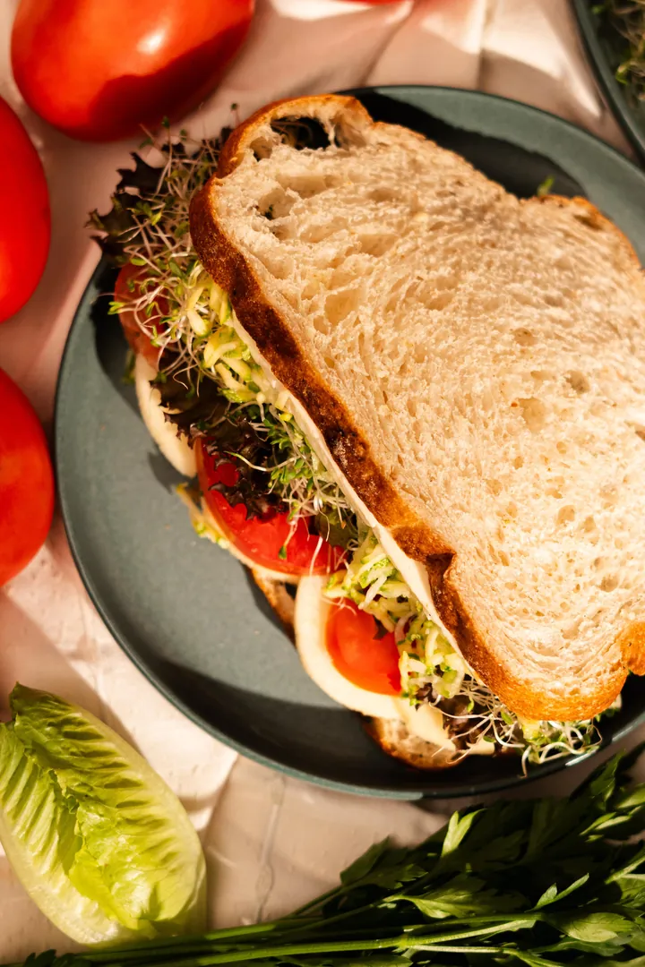 Sándwich vegetal con germinados, tomate y queso